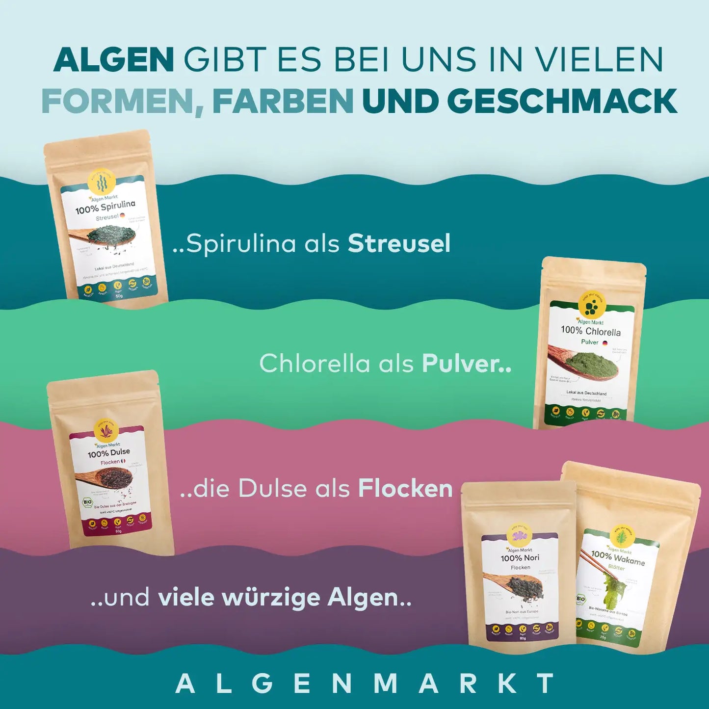 algen sortiment von blaue Spirulina streusel, Grüne Chlorella pulver und rote Dulse flocken bietet algenmarkt viel algen an.