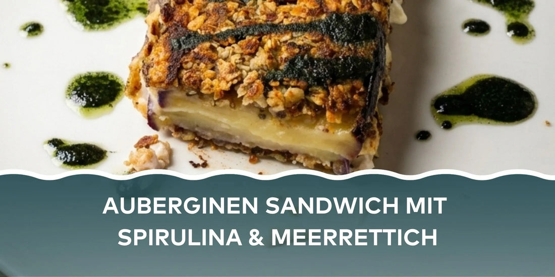 Knuspriges Auberginen-Meerrettich-Sandwich mit Haferflockenkruste und Spirulina-Balsamico-Öl – veganes Rezept mit goldbraun gebratener Aubergine und cremiger Meerrettichfüllung von Kochen mit Algen