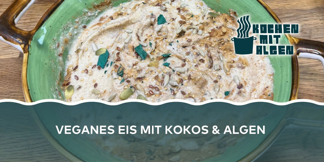 Veganes Eis mit Kokos und Algen, cremiges Dessert mit Nüssen, Samen und Spirulina-Topping in Schale – einfaches veganes Algen-Rezept von Kochen mit Algen