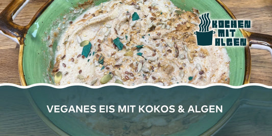 Veganes Eis mit Kokos und Algen, cremiges Dessert mit Nüssen, Samen und Spirulina-Topping in Schale – einfaches veganes Algen-Rezept von Kochen mit Algen