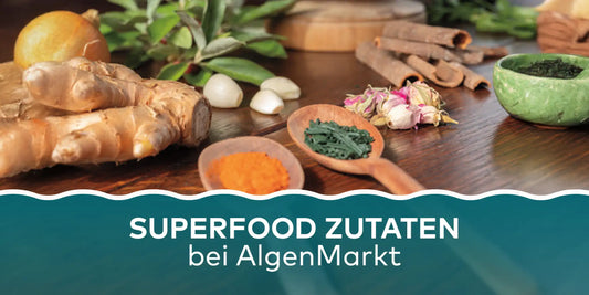 Superfood Zutaten Banner für Algenmarkt blog
