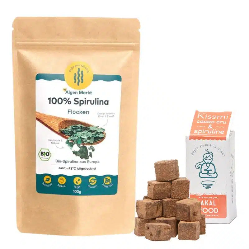 Algen Genuss Schokoladenpaket: Spirulina-Flocken & Kissmi-Trüffel