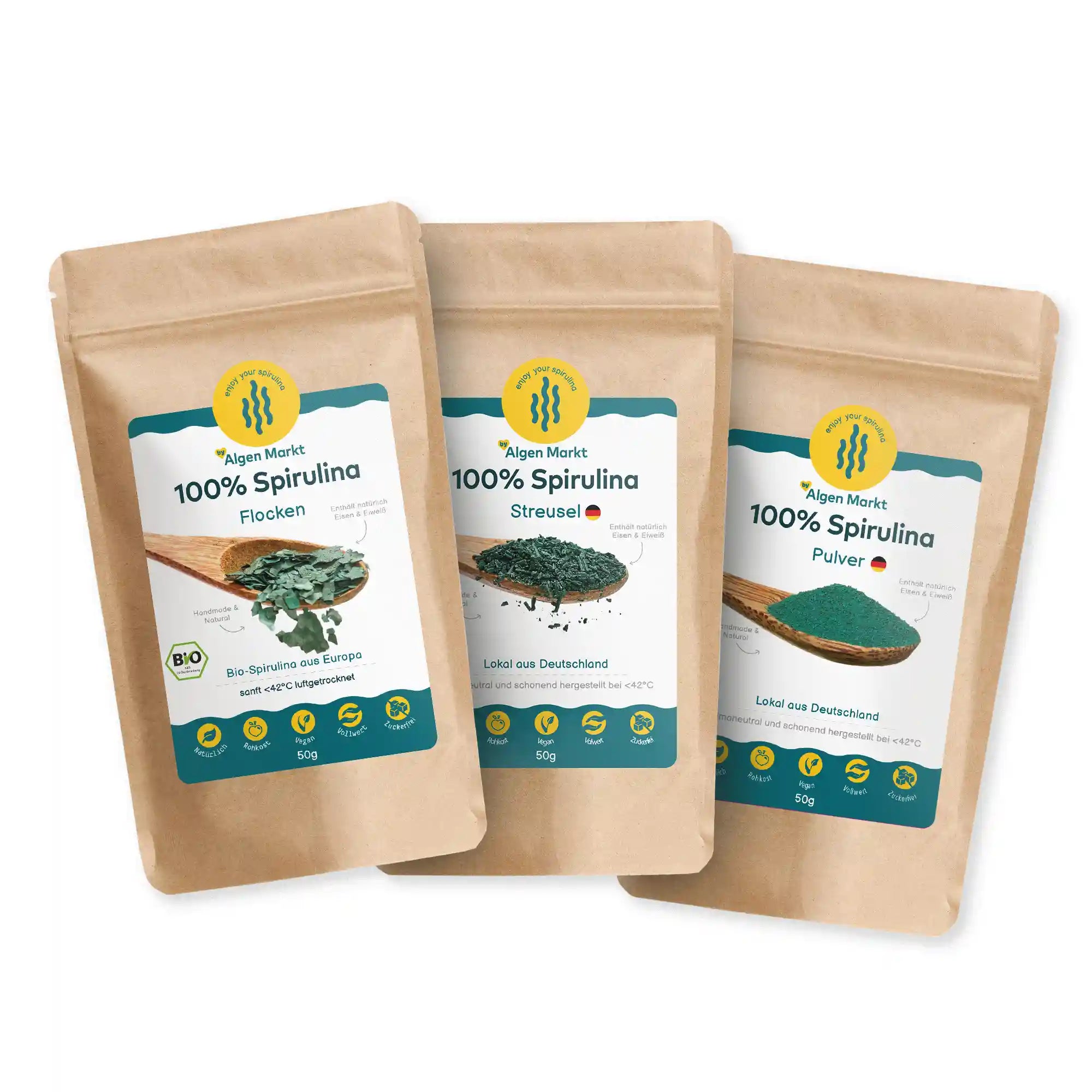 Spirulina Probier-Set von Algenmarkt: Bio Spirulina als Flocken, Streusel und Pulver