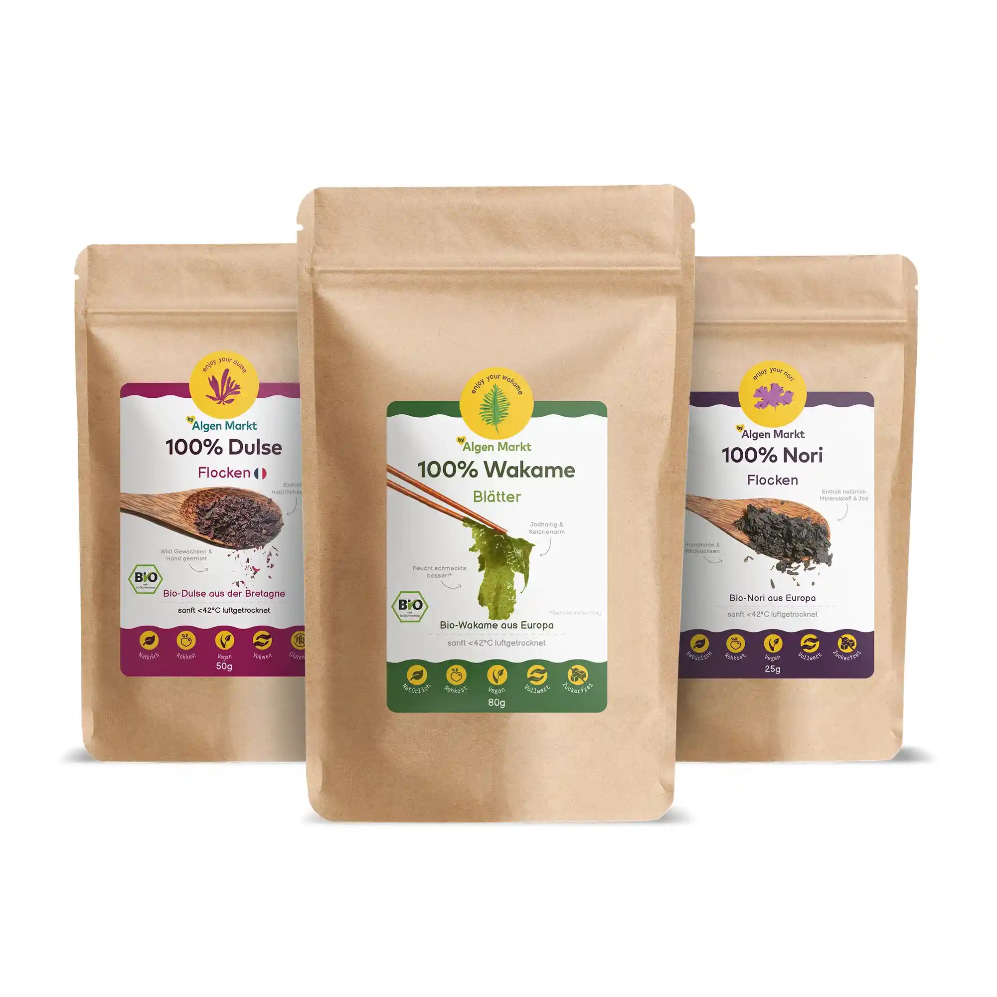 Meeresalgen-Set von Algenmarkt mit Bio Dulse, Wakame und Nori im Kraftpapierbeutel