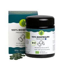 Spirulina pressling in ein 150g Violettglas, verpackt in ein Blister karton algenmarkt