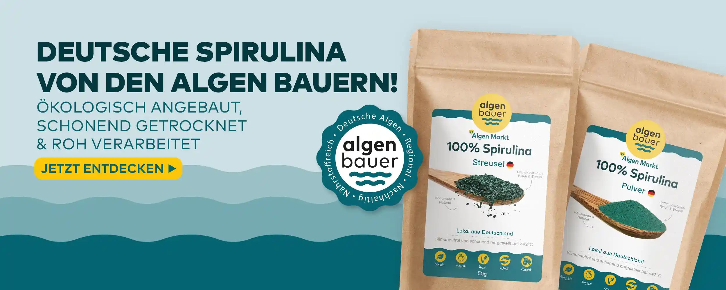 deutsche spirulina sortiment, streusel und pulver von die algenbauer startseiten banner algenmarkt 