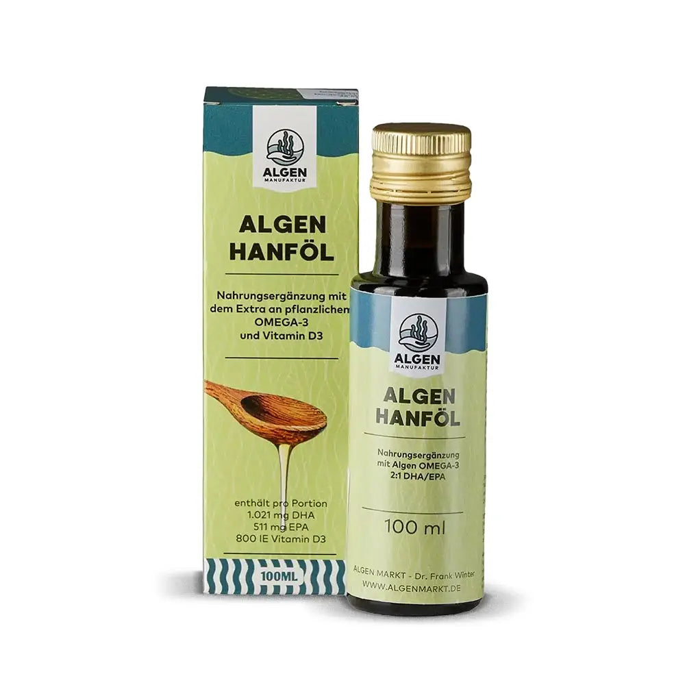 Algenöl mit DHA EPA hoch konzentriert im Verhältnis 2:1 und Vitamin D3 - algenmarkt