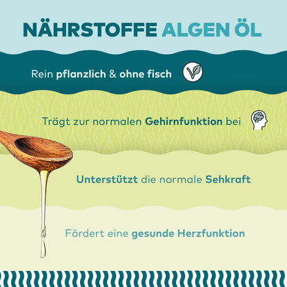 algenoel mit DHA und EPA haben eine Wirkung auf die Gehirnfunktion, sehkraft und Herz - infografik von algenmarkt