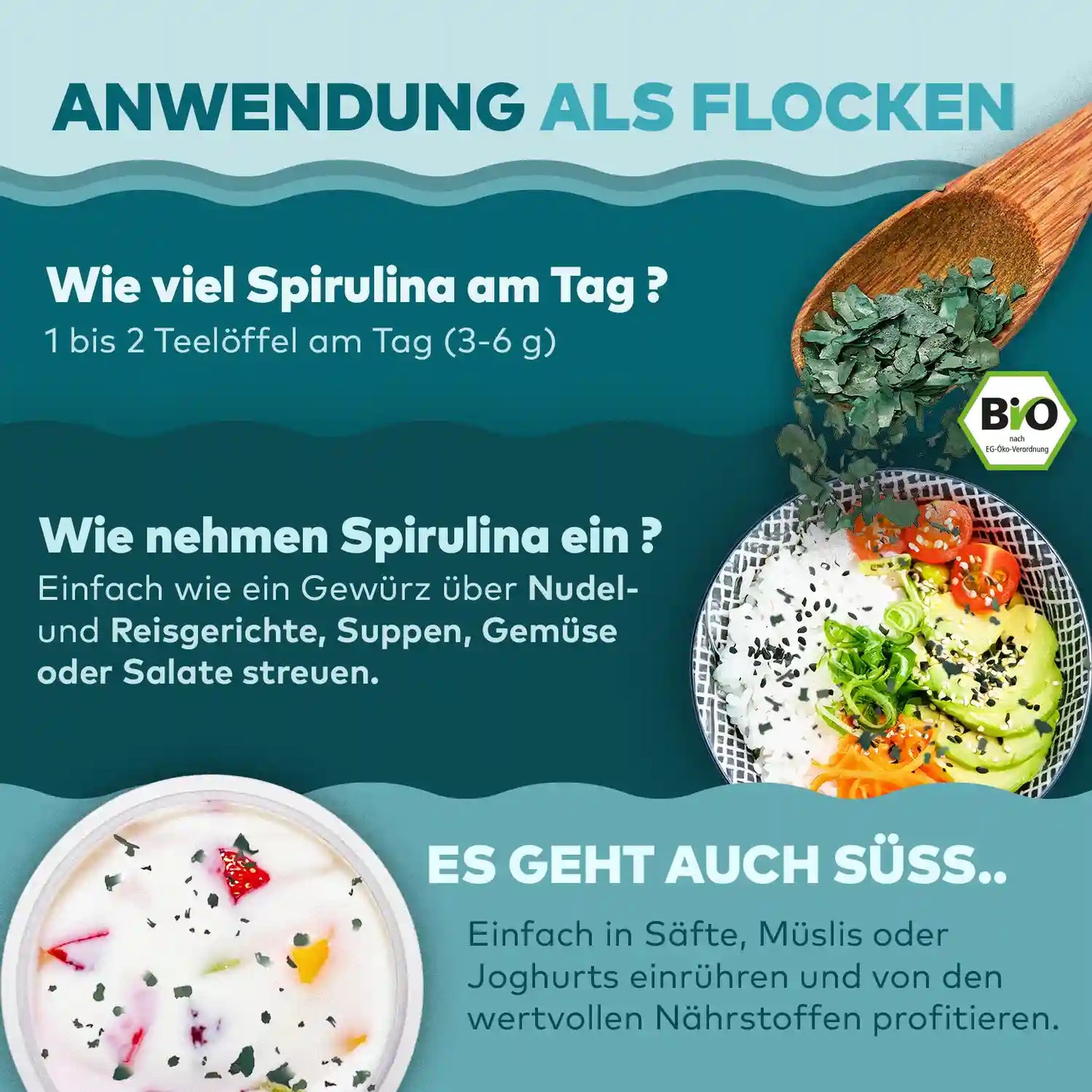 Anwendung von spirulina flocken wieviel nehmen, worauf essen- Algenmarkt