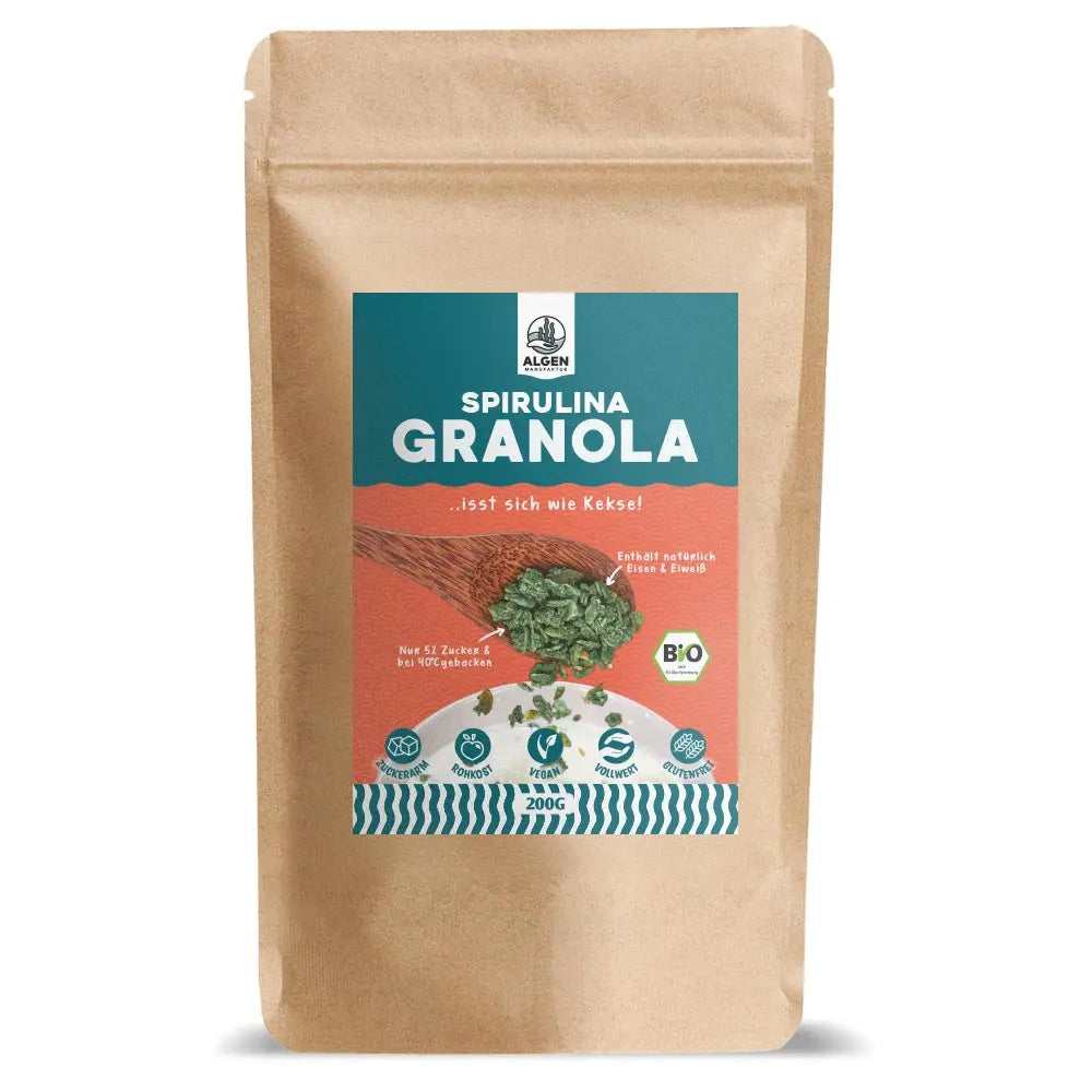 bio spirulina granola in Rohkost und zuckerarm, 200g beutel von algenmarkt