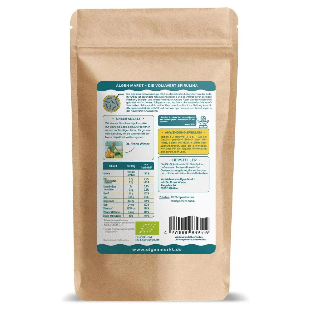 rückseite von spirulina flocken beutel 100g
