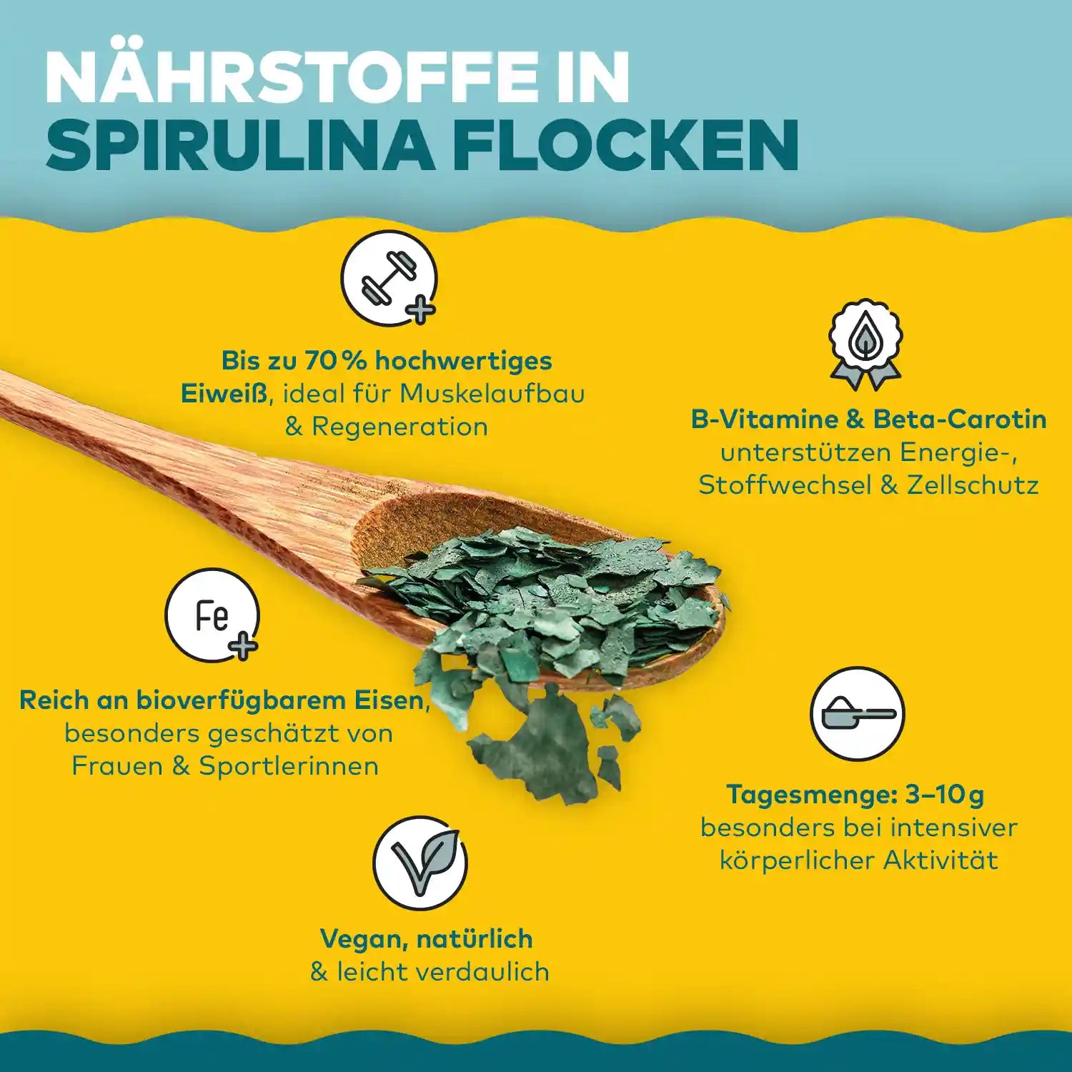 spirulina flocken naehrstoffprofil inforgrafik 70% eiweiss, Eisen, Vegan, vitamin vom B-komplex - Algenmarkt