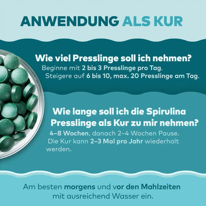 Wie nehme ich spirulina presslinge, wie viele, wann unser infografik von algenmarkt