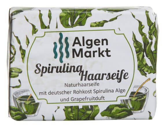 Stück Algen Spirulina Haarseife in einer plastikfreier Verpackung von Algen Manufaktur