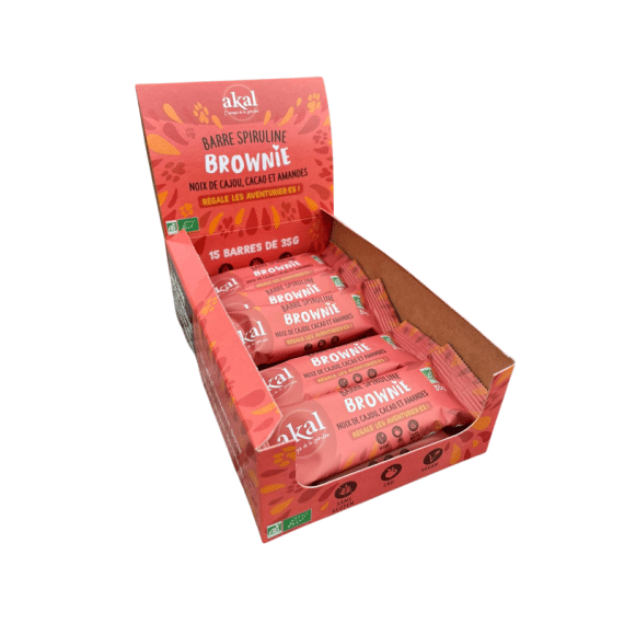 Eine Box mit 15 Spirulina Brownie Riegeln. Diese vegane Snackbox enthält 15 einzeln verpackte Riegel aus rohem Kakao und Spirulina, perfekt für den gesunden Genuss zwischendurch. Ideal für Familien, Sportler oder als Snack im Büro – voller Energie und Geschmack!